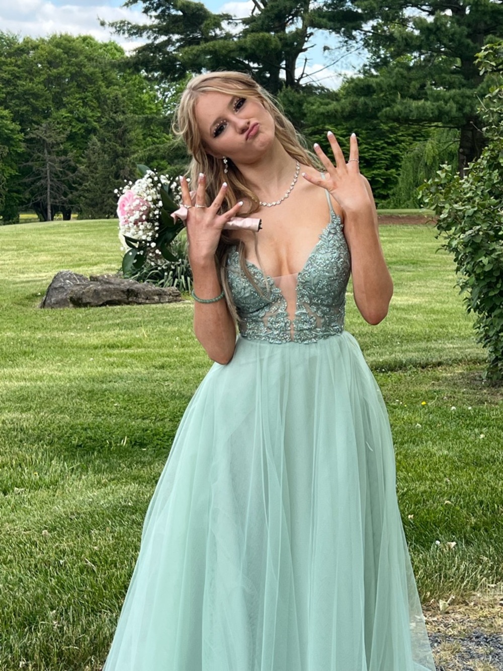 La Femme Sage Green Tulle Prom Gown